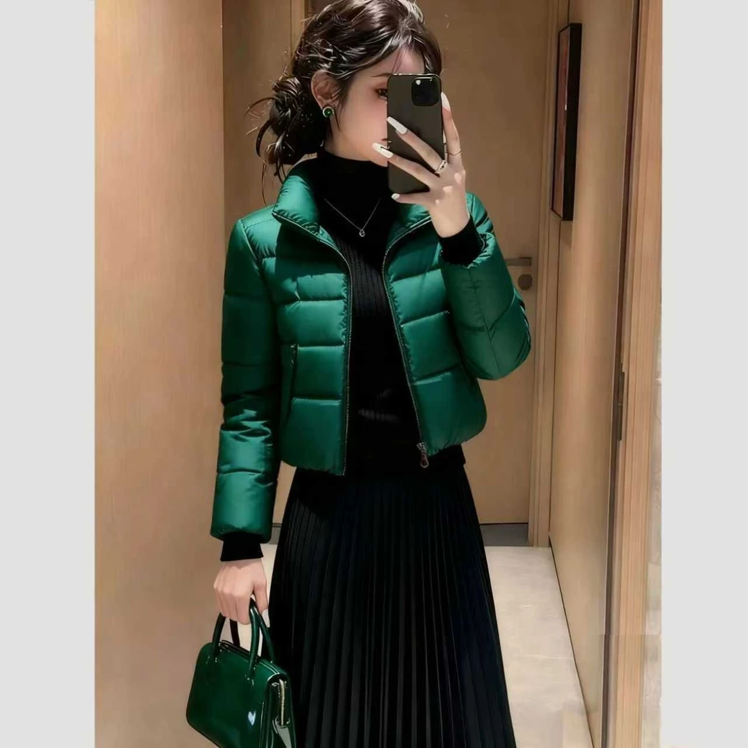 2025冬季新款绿色短款加厚棉服女立领显瘦保暖修身外套时尚洋气