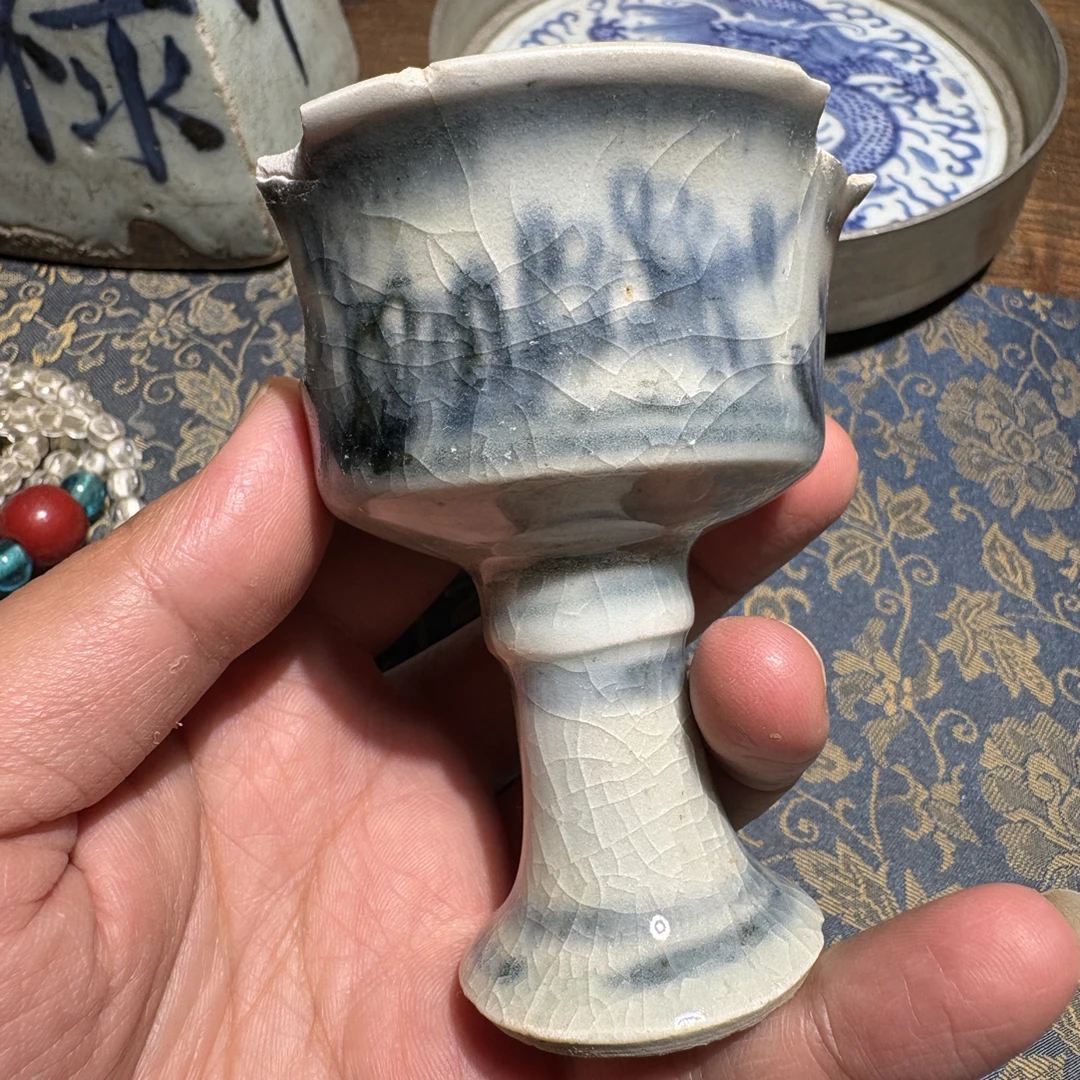 M青花枯梅图高足杯瓷片标本学习收藏顺丰包邮