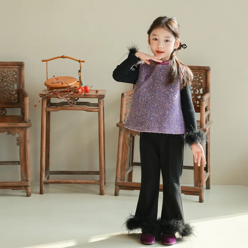 utouto大耳象女童毛圈毛呢旗袍马甲2024冬季洋气国风年服2408077