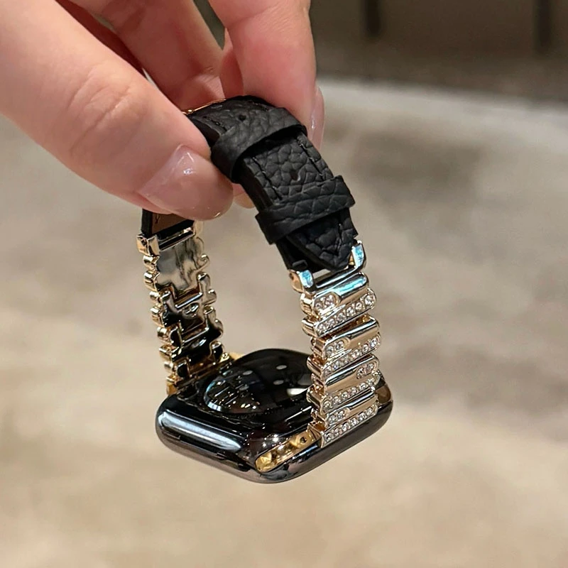 适用苹果watch6789S10代se金属镶钻真皮表带高级感链条手表带