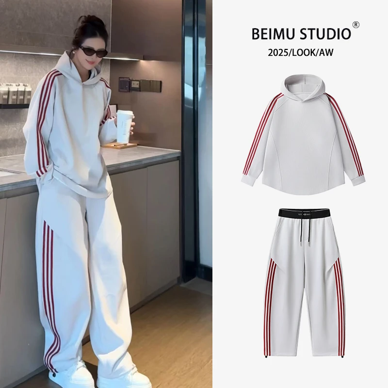 男女同款美式百搭连帽撞色三条杠长袖套头卫衣男士弯刀裤L5877
