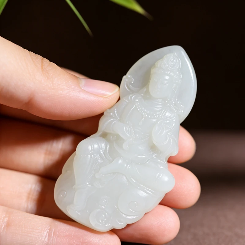 【孤品】天然和田玉俄料羊脂白玉自在观音牌子挂件男士玉石吊坠