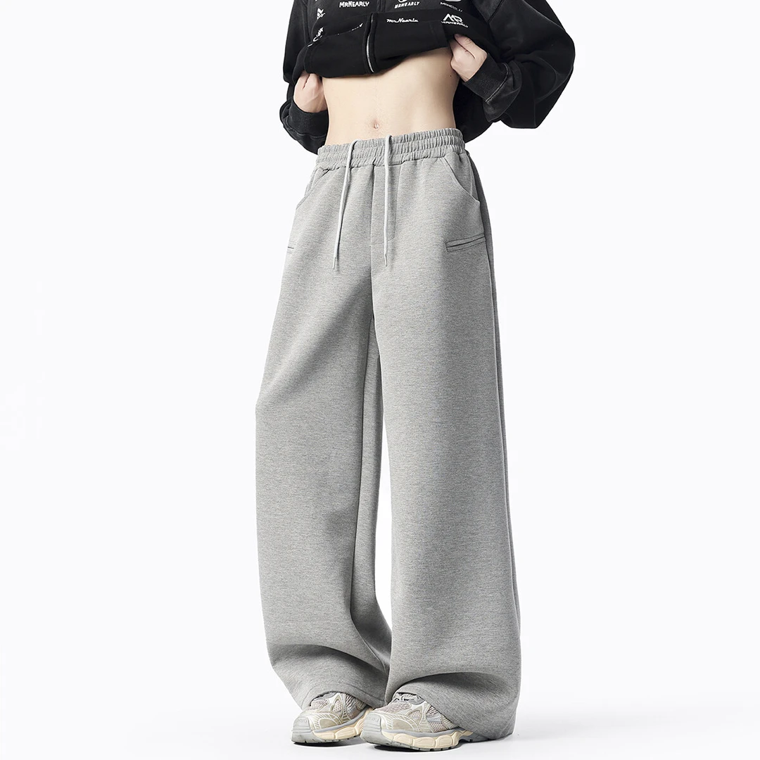 美式复古重磅灰色卫裤男2025春季新款高级感宽松阔腿休闲拖地长裤