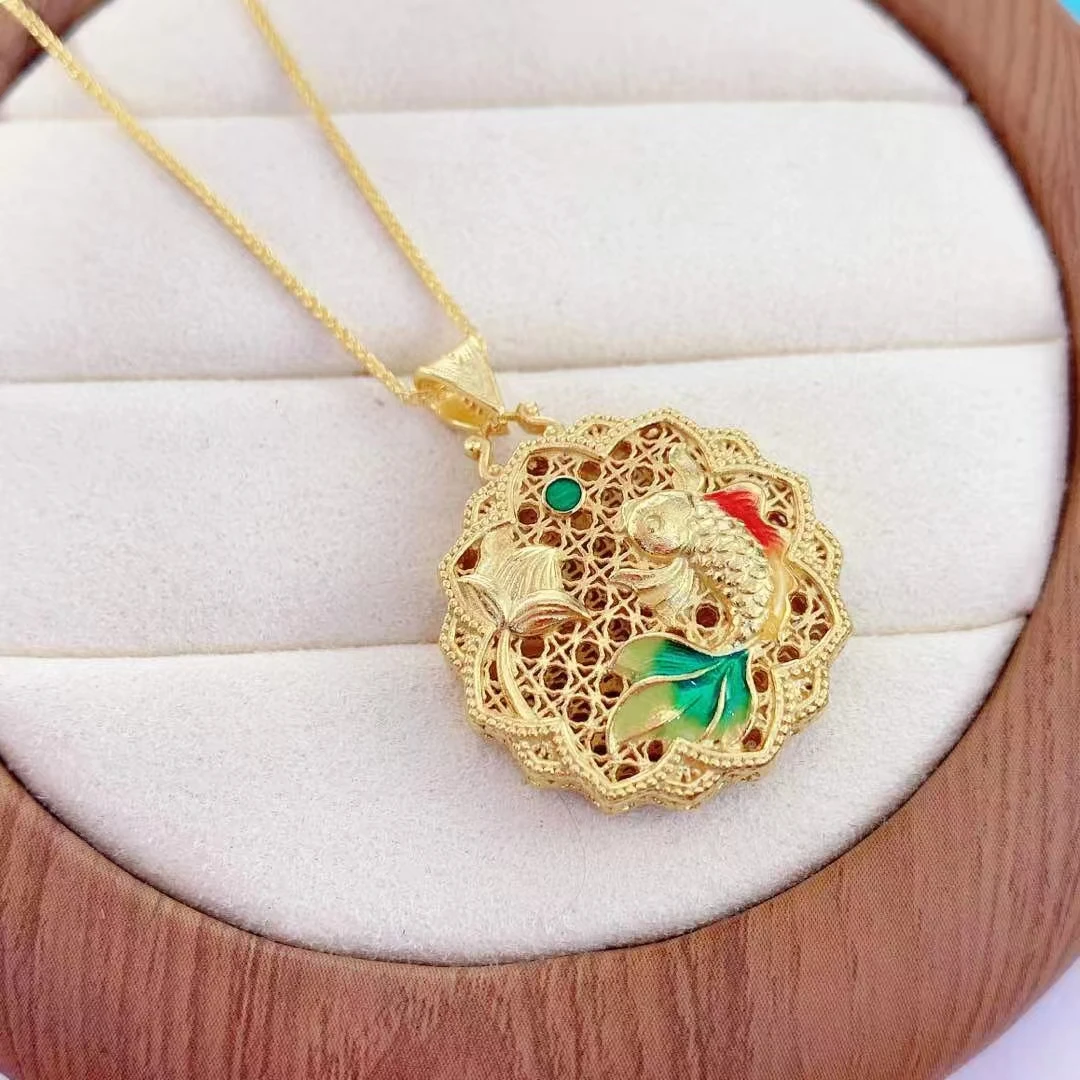 吊坠足银 990国潮珐琅彩鱼戏莲花吊坠（不含链）