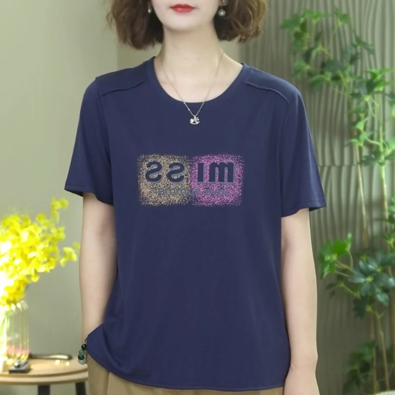 夏装女短袖轻薄凉爽圆领宽松大码T恤女印花上衣