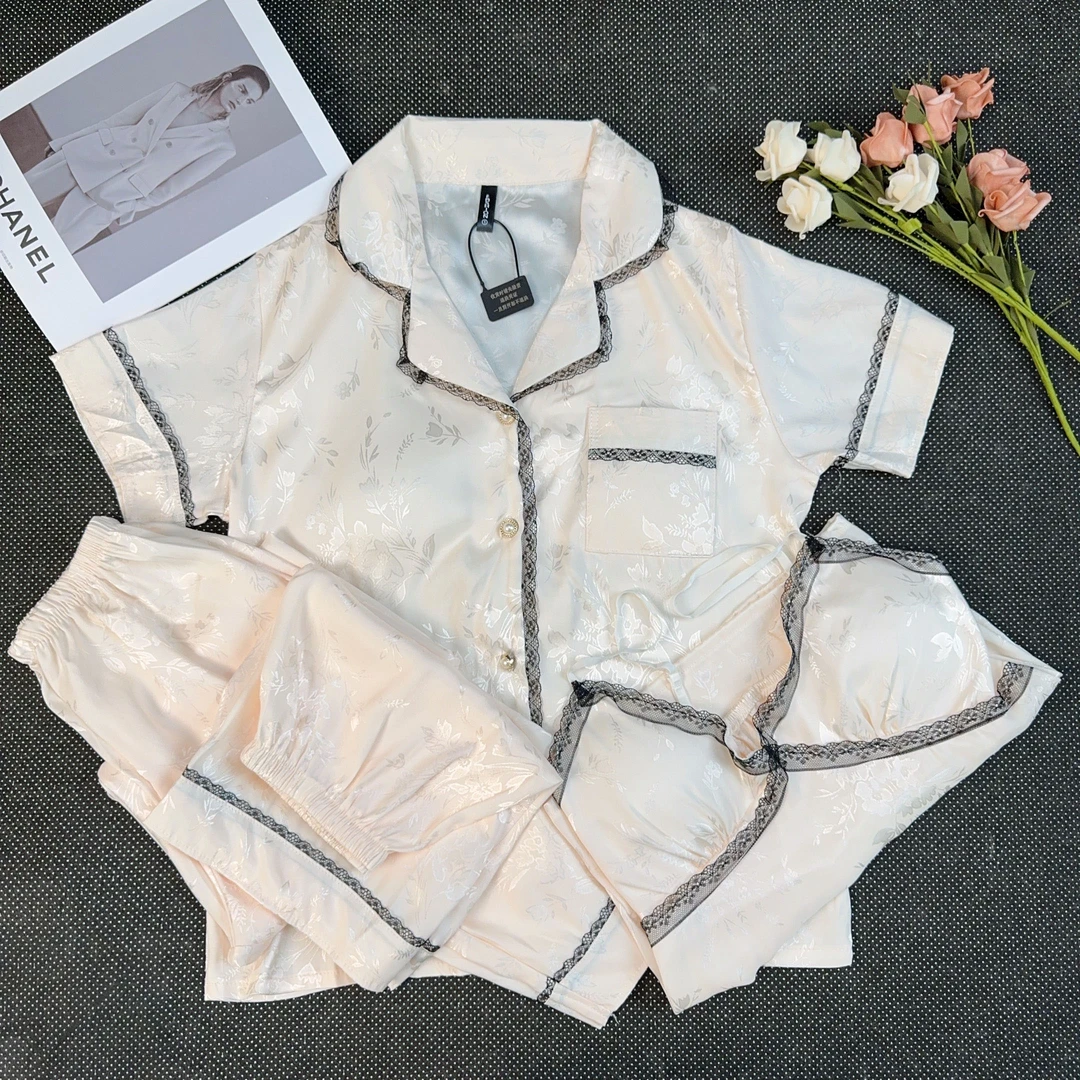 夏季清沧【吊带短袖四件套+胸垫】柔软冰雪丝睡衣女透气薄款家居服