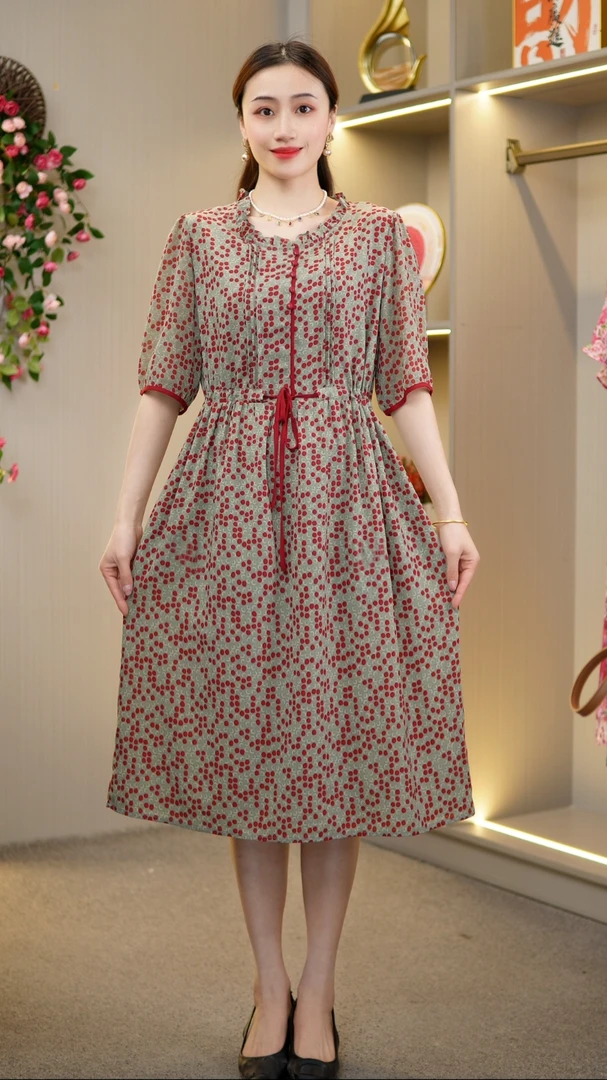 妈妈装连衣裙碎花波点经典短袖女装【相思红豆】T