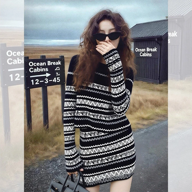 秋冬季搭配黑色费尔岛针织衫一整套女装穿搭毛衣半身裙子两件套装