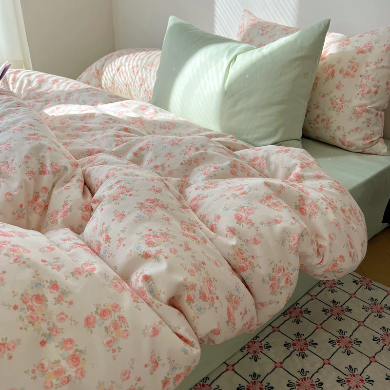 ins小清新碎花全棉四件套床上宿舍三件套纯棉床单被套1.8床笠用品