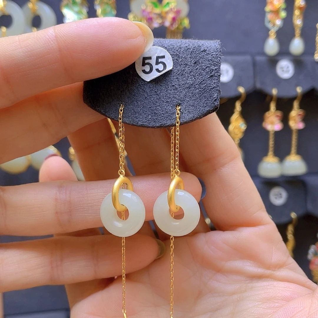 和田玉银S925镀金镶嵌耳饰