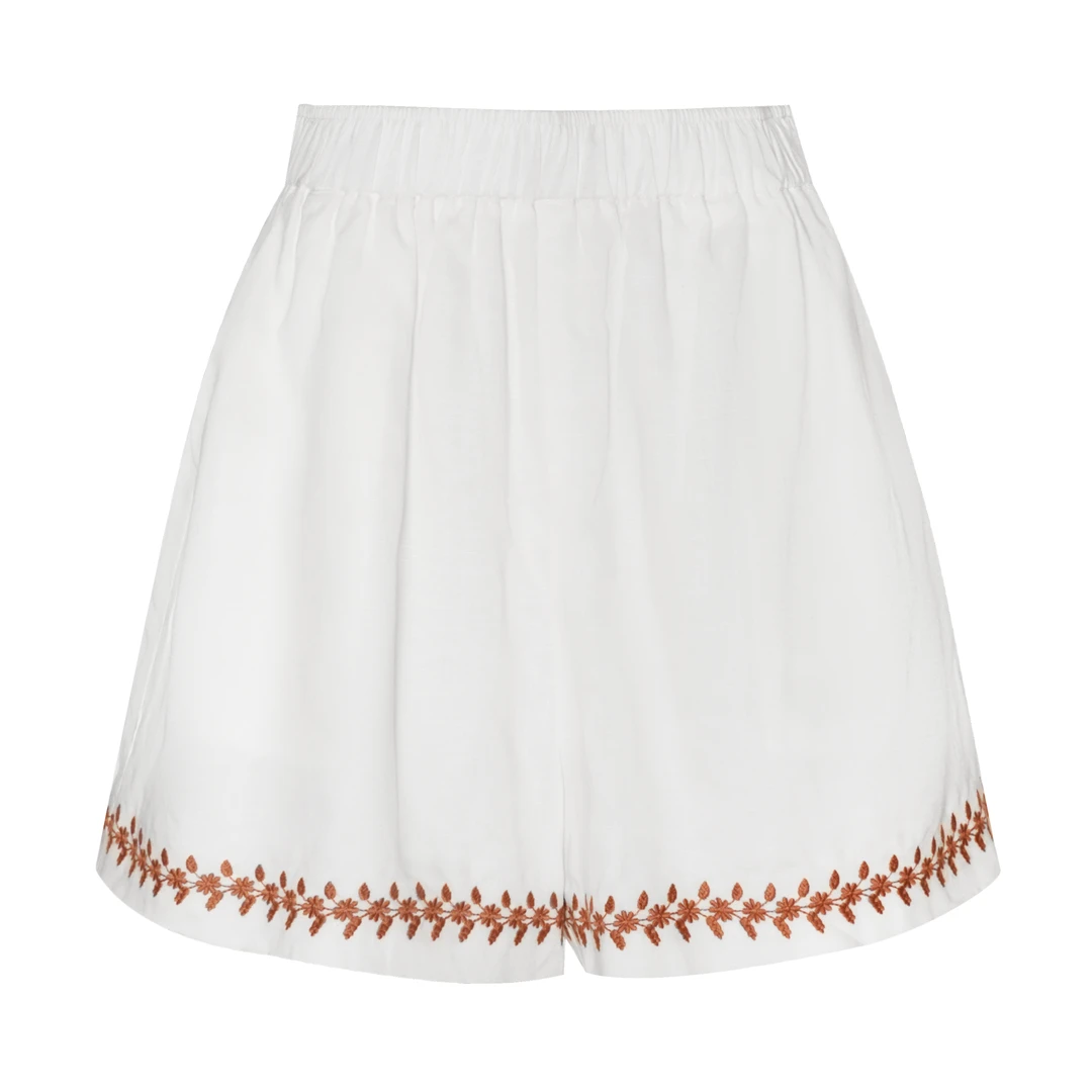 【18098】2025新款天丝麻时尚百搭休闲白色刺绣短裤松紧腰夏季
