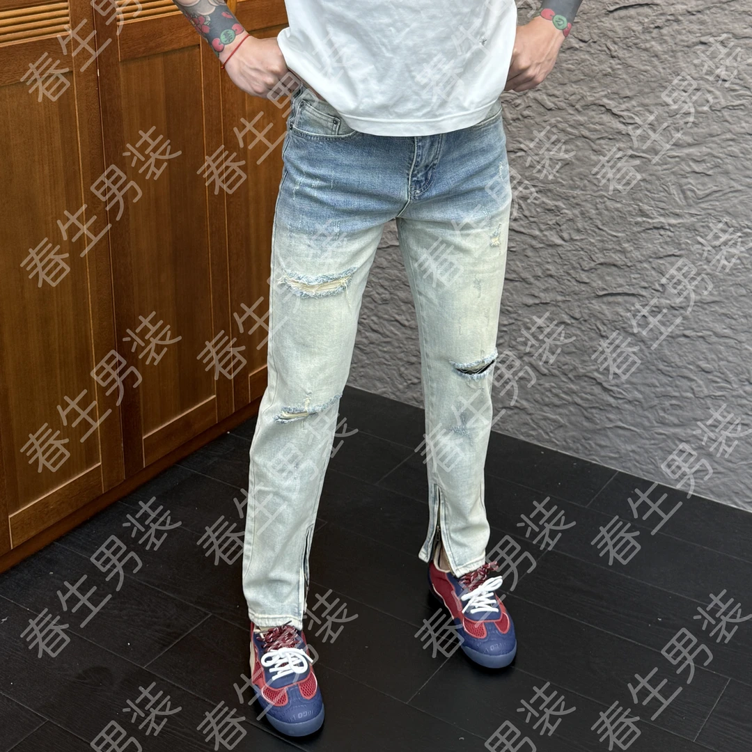 2025春季新款时尚休息百搭渐变破洞裤脚拉链男士牛仔裤6130