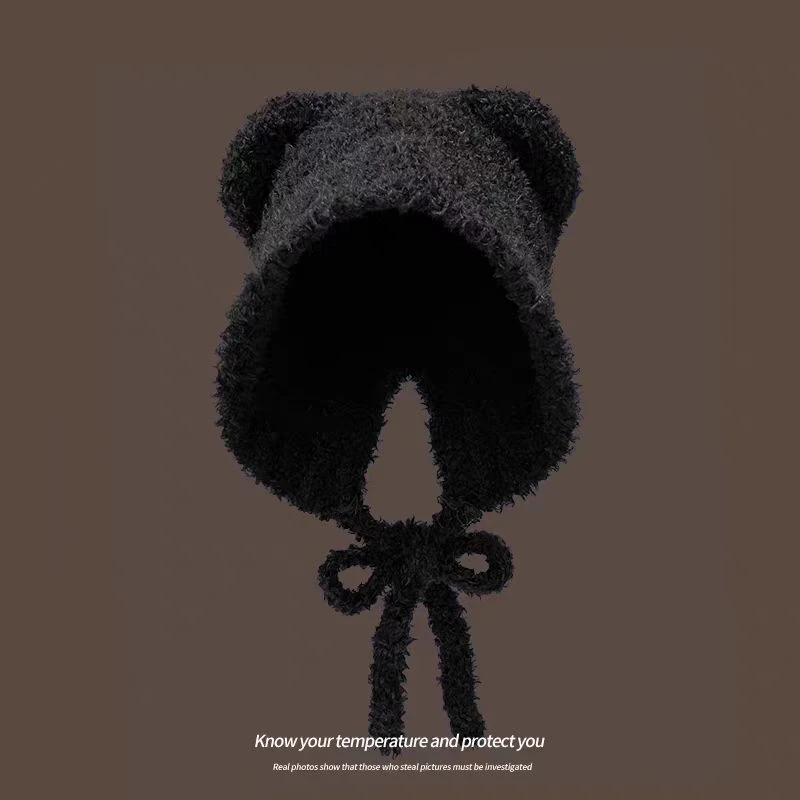 冬季熊猫圆顶无檐可爱帽子保暖帽冬天韩版带毛系带