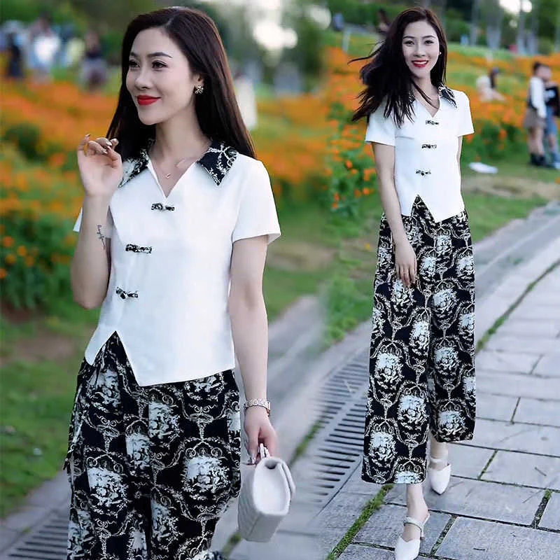 中国风复古盘扣短袖时尚套装女士2025夏装新款洋气阔腿裤潮两件套