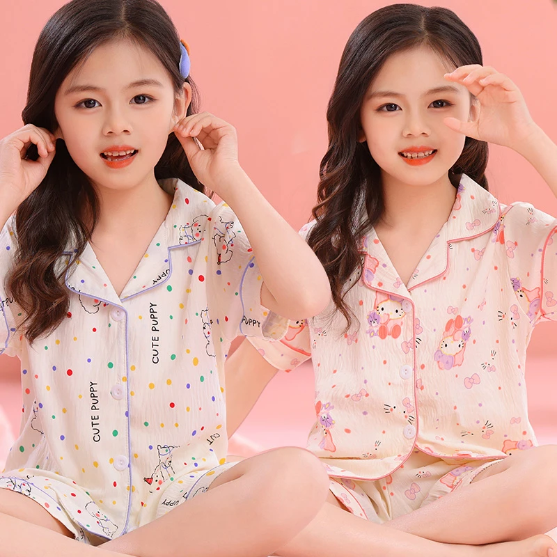 2025新款女童睡衣夏季薄款短袖短裤套装卡通女孩云朵棉夏天家居服