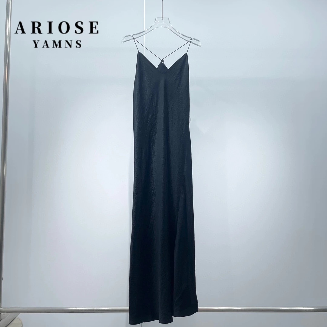 艾诺丝商场同款性感气质春夏黑色女装轻奢简约长款休闲吊带连衣裙