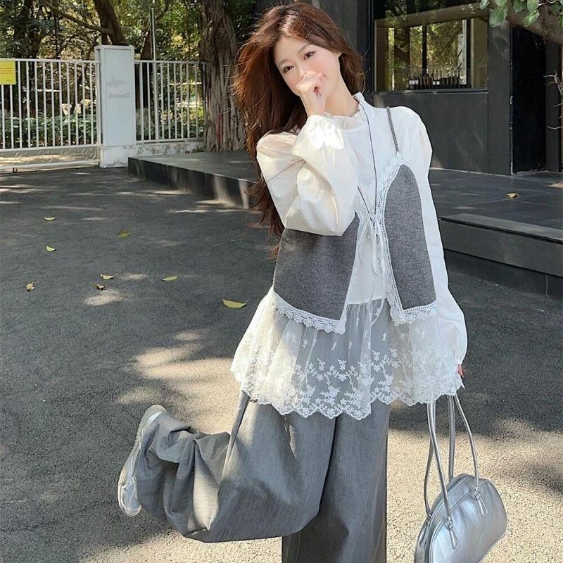 韩版宽松叠穿花边拼接马甲女立领木耳边衬衫松紧腰阔腿裤三件套装