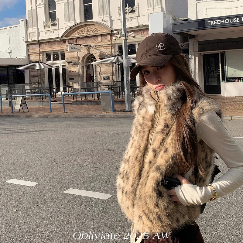 人造皮草 皮草马甲女2025冬季新款立领豹纹仿狐狸毛外套毛绒坎肩