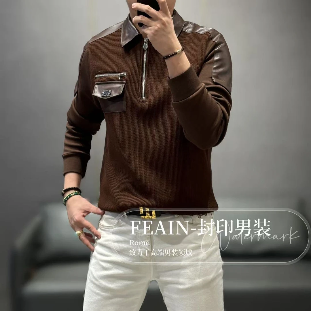 高端男士定制莫代尔粗针织拼接空气层拼皮加绒卫衣9166