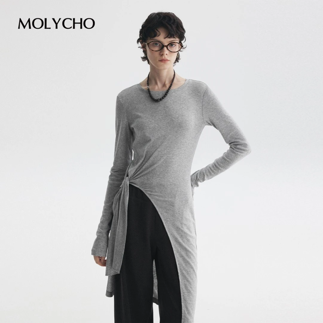 MOLYCHO｜不规则高级感/斜边绑结下摆T恤女长款上衣长袖罩衫外套