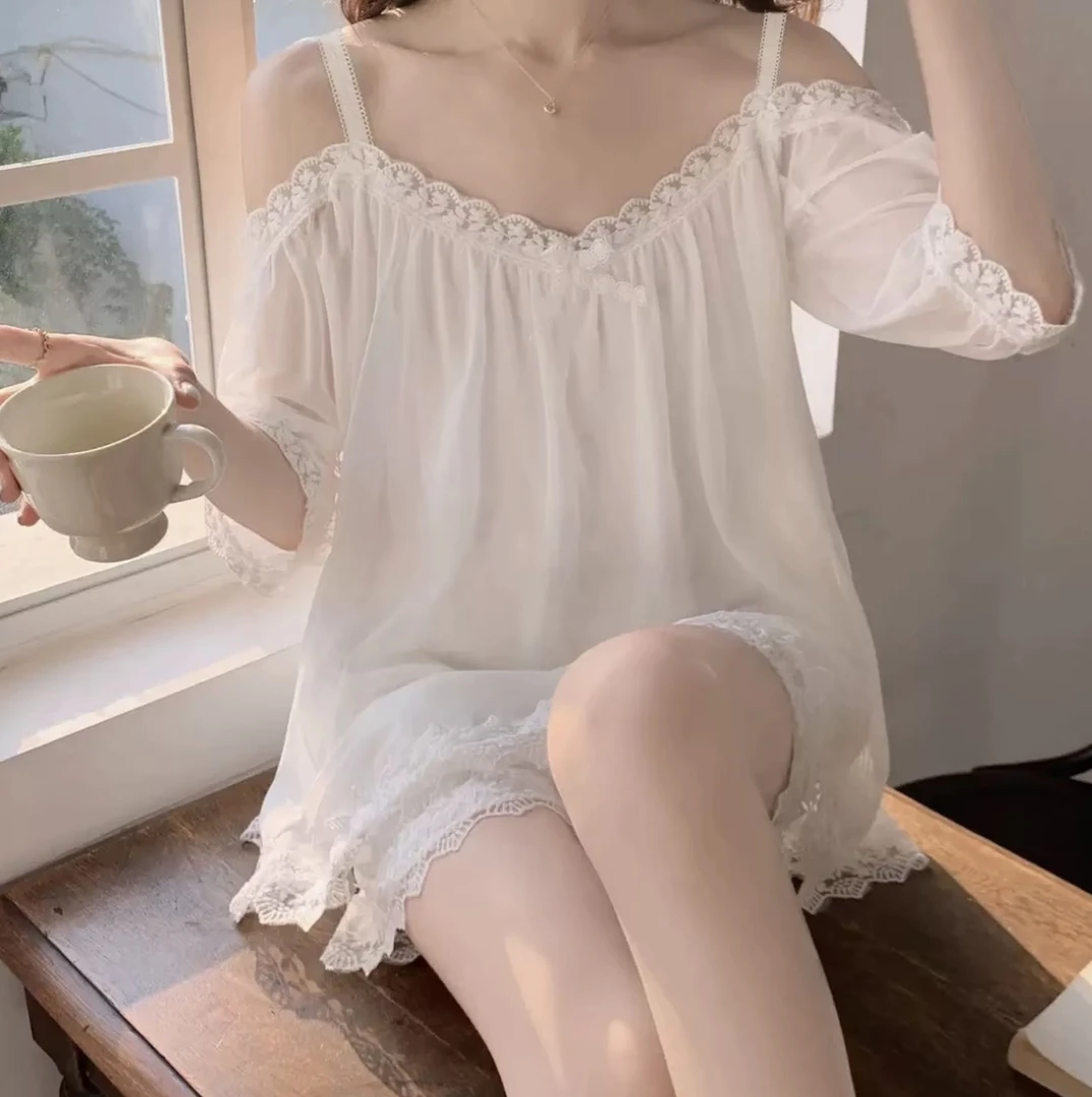 贝美 女士一字肩网纱胸垫睡衣套装薄款公主风宽松家居服