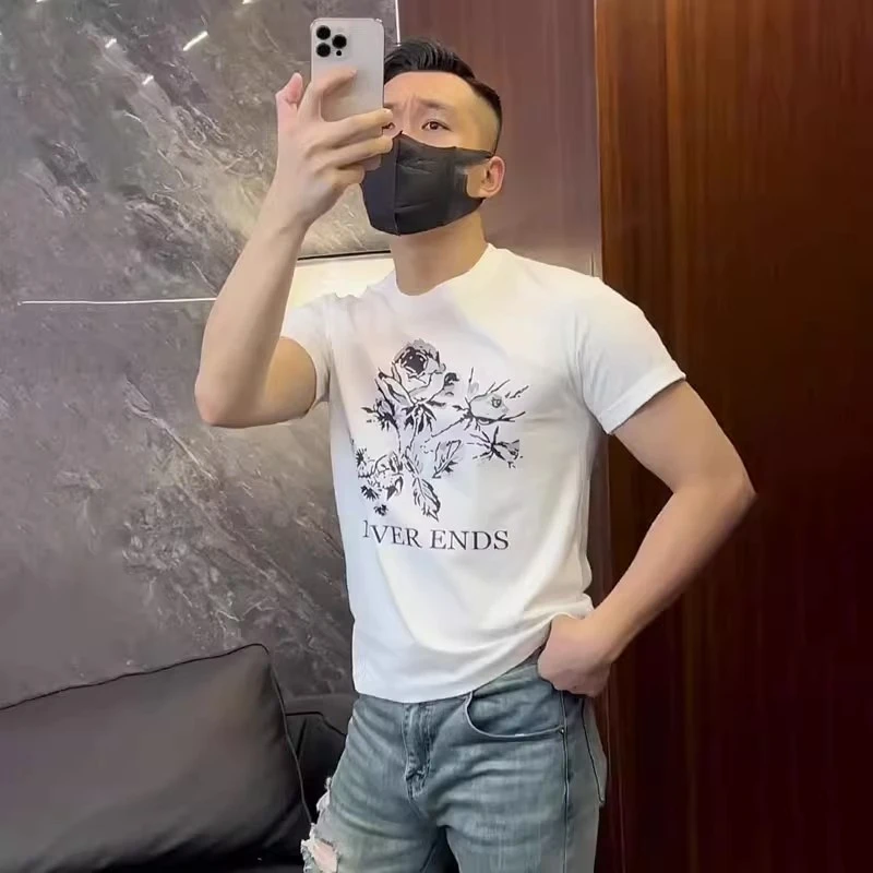 潮牌复古玫瑰印花短袖t恤男士夏季宽松半袖打底衫网红同款情侣装