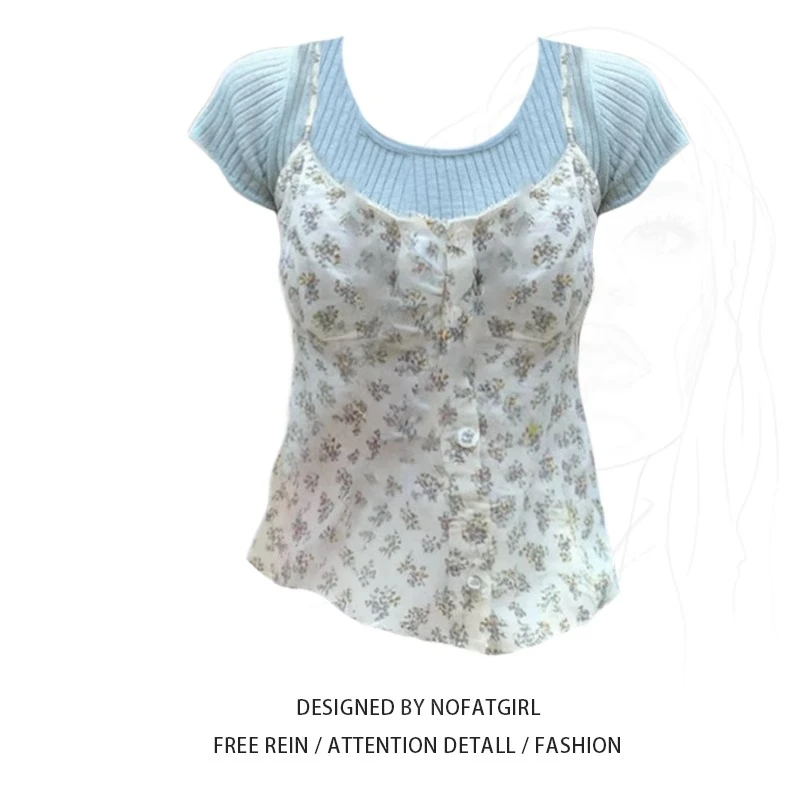 大码胖MM纯欲温柔风碎花吊带背心女夏季短袖T恤内搭叠穿上衣套装