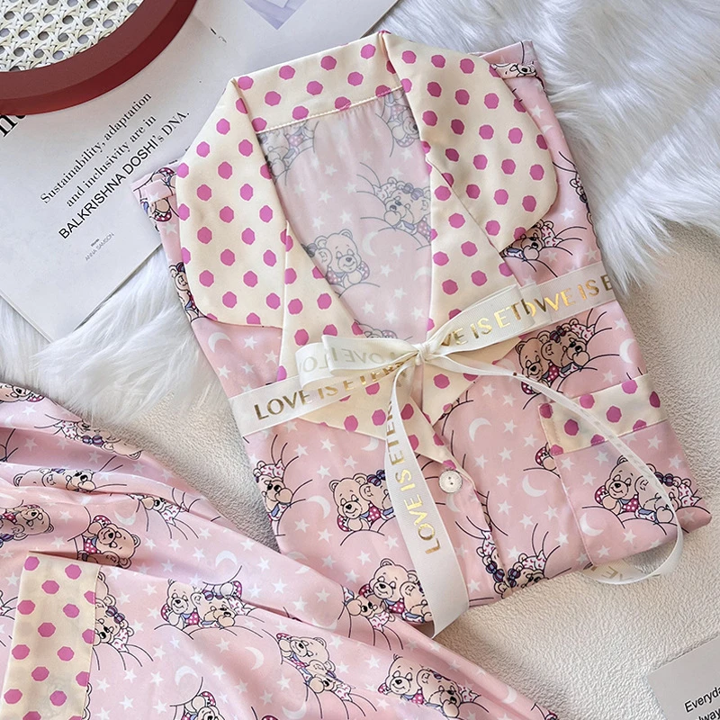 2025新款冰丝波点卡通小熊睡衣女春秋新款长袖宽松舒适家居服