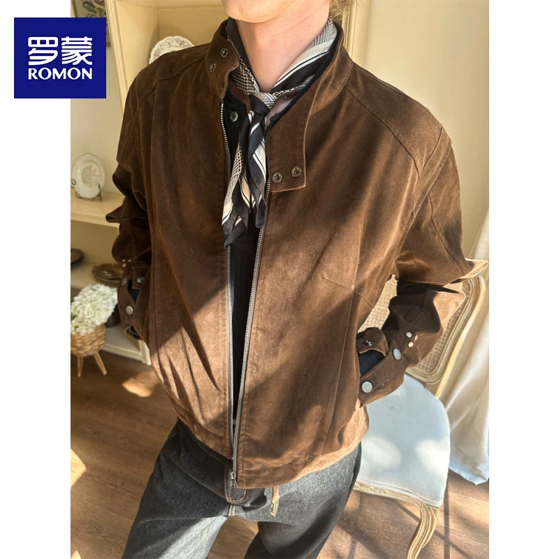 罗蒙秋季新款修身百搭复古美式高级休闲潮流工艺立领夹克男款外套