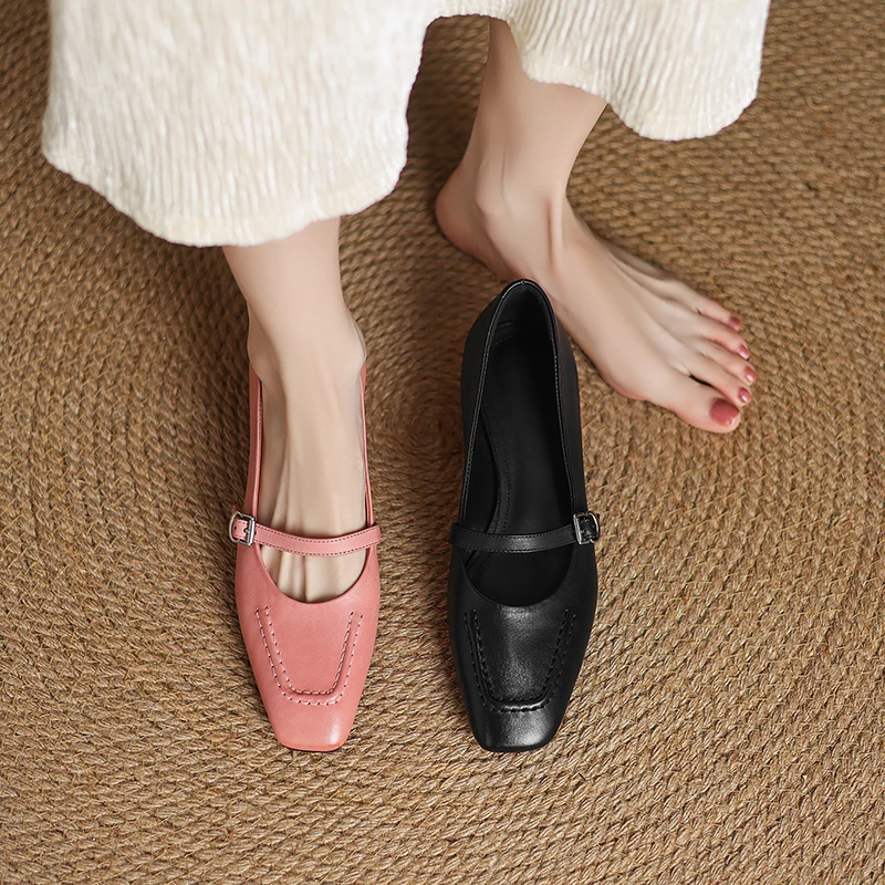 真皮一字扣带粗跟玛丽珍鞋女设计感小众2025春季新款粉色方头单鞋