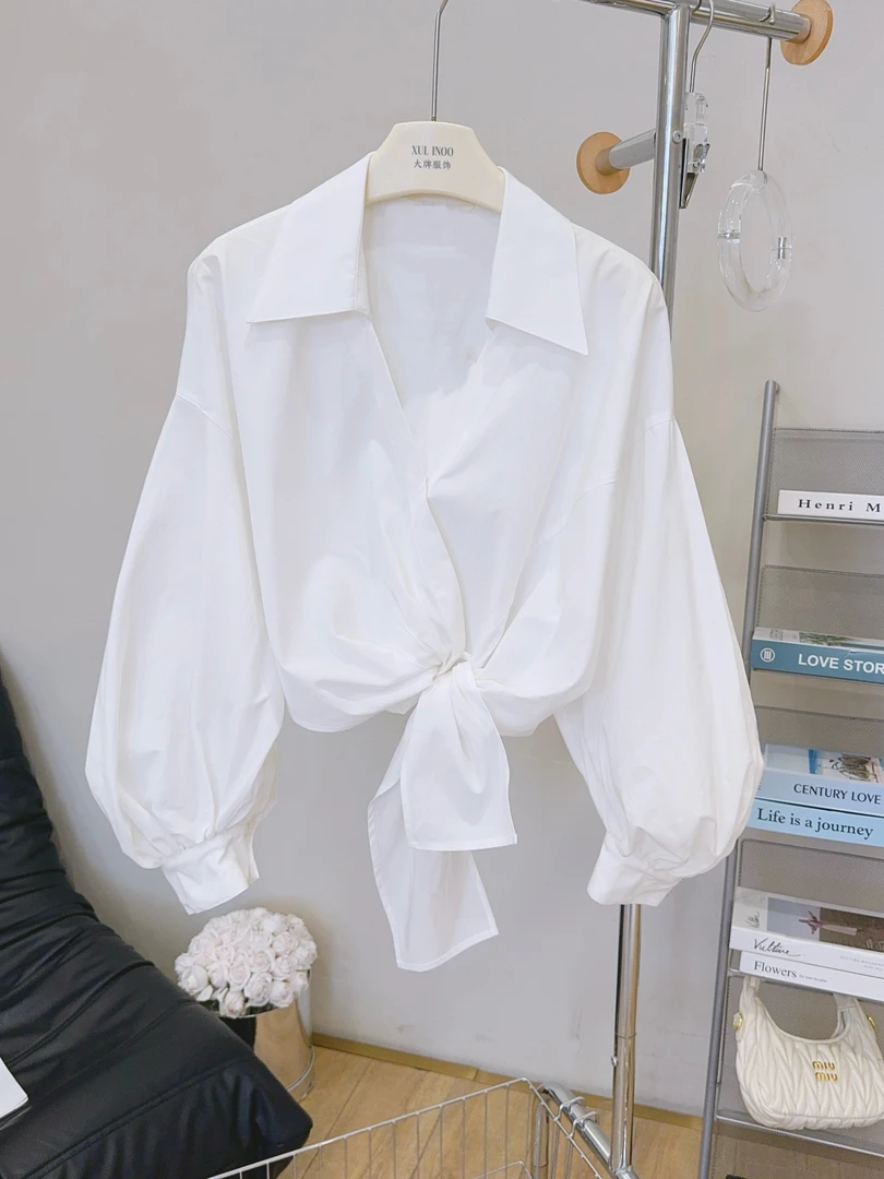 琳心丨早秋新款白色休闲时尚百搭系带长袖衬衫 0348