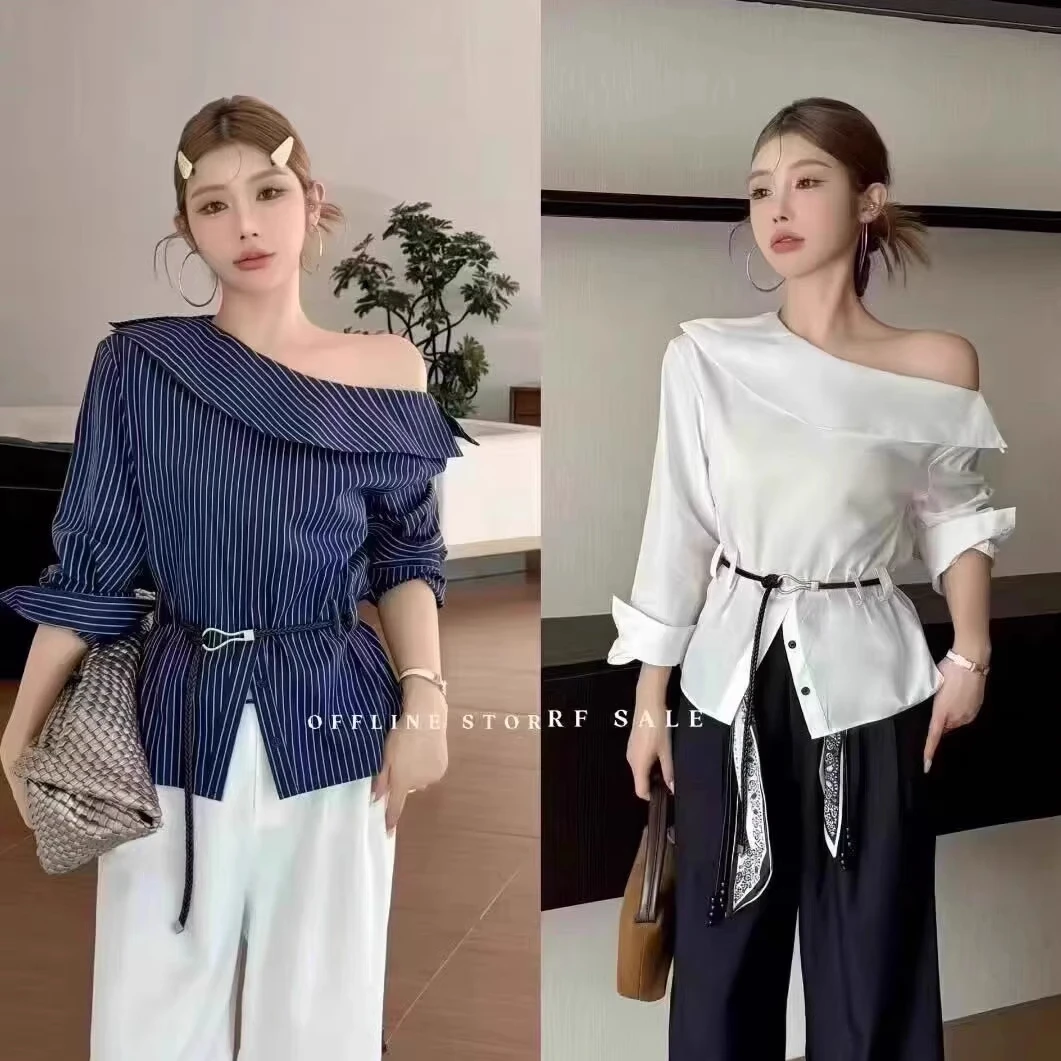 时尚法式设计感圆领长袖T恤女2025秋季款一字露肩洋气收腰上衣潮