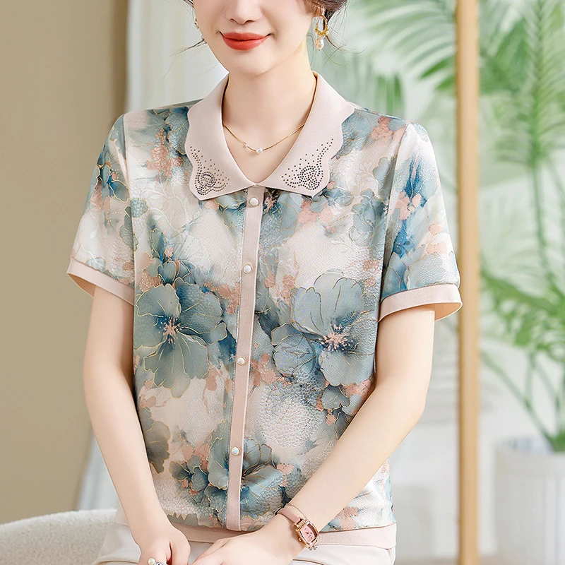 洋气妈妈夏款冰丝小衫中老年女装宽松弹力短袖T恤夏季印花上衣