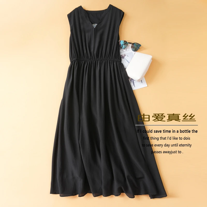 100%桑蚕丝连衣裙夏季优雅风V领小众收腰小黑裙重磅真丝中长裙子