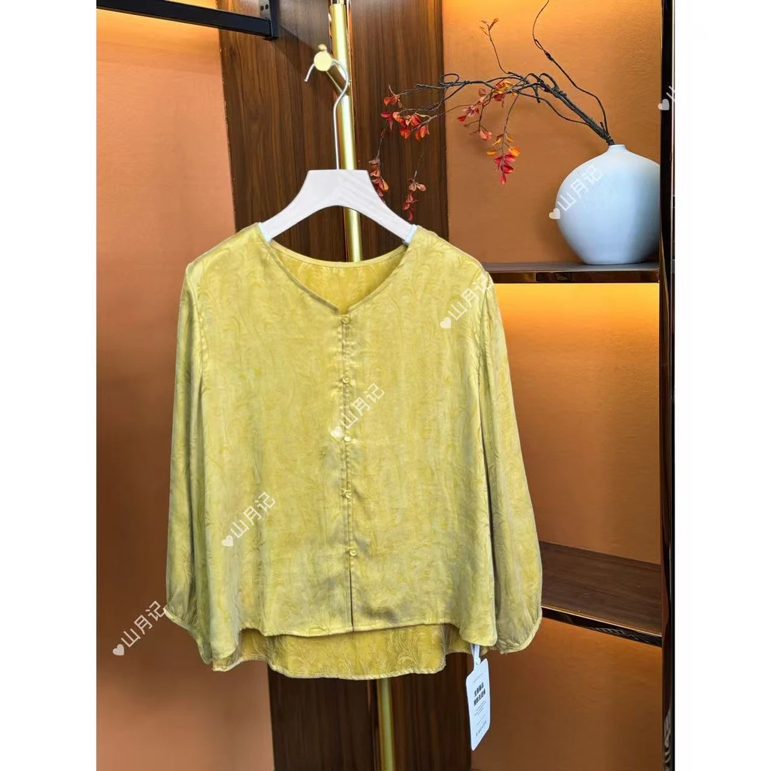 【801】凤尾花新中式挂霜桑蚕丝上衣女开衫小外套砂洗香云纱衬衫