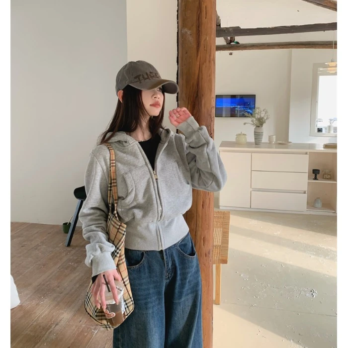 灰色连帽卫衣外套女2025秋季新款加绒加厚小个子短款收腰开衫上衣