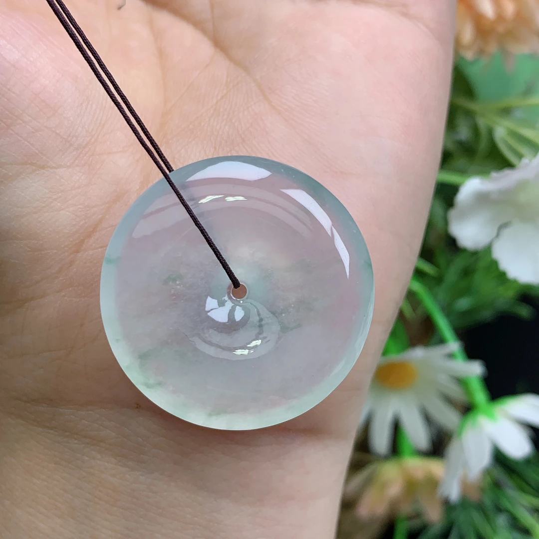 缅甸天然翡翠A货玉石高冰起光飘花精美平安扣吊坠李尺寸30.4/6.1m