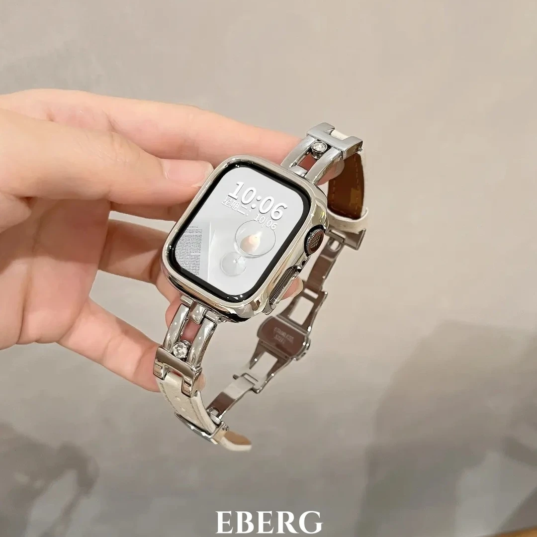 适用苹果s11手表iwatch表带s10滑梯真皮蝴蝶扣applewatchs9女款se