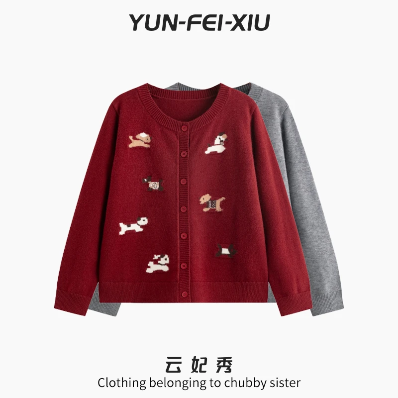 云妃秀大码女装针织衫百搭时尚圆领小狗提花开衫显瘦微胖夏22819