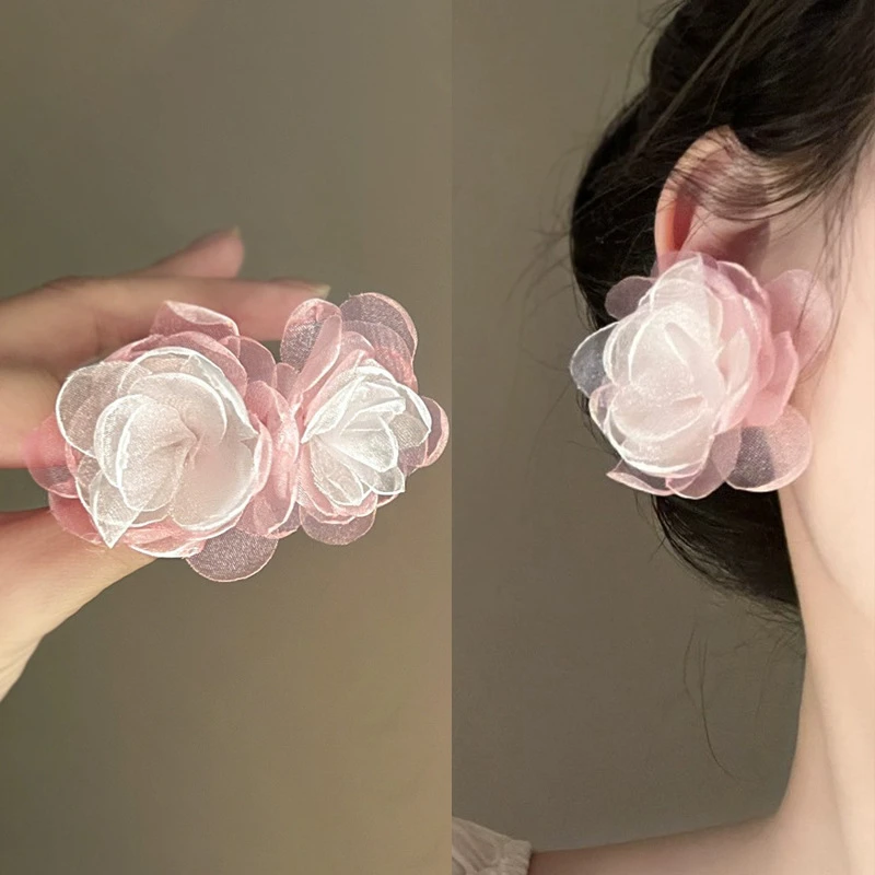 超仙雪纺花朵耳环女年新款潮耳钉甜美网红气质耳坠感耳饰