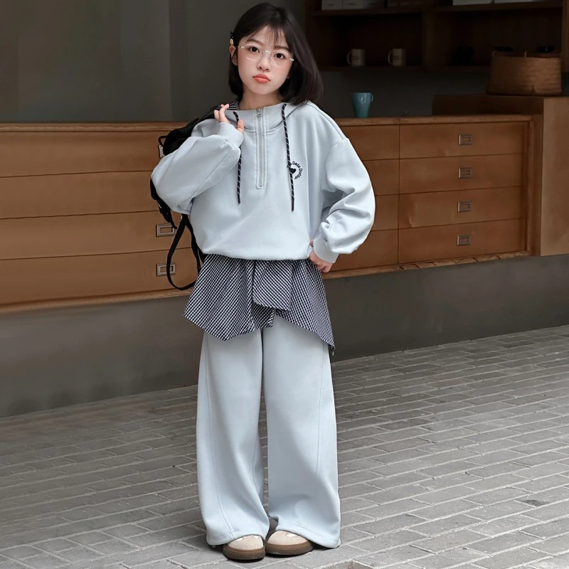 女童休闲风纯色2025春秋新款中大童秋季运动连帽套装女孩洋气阔腿