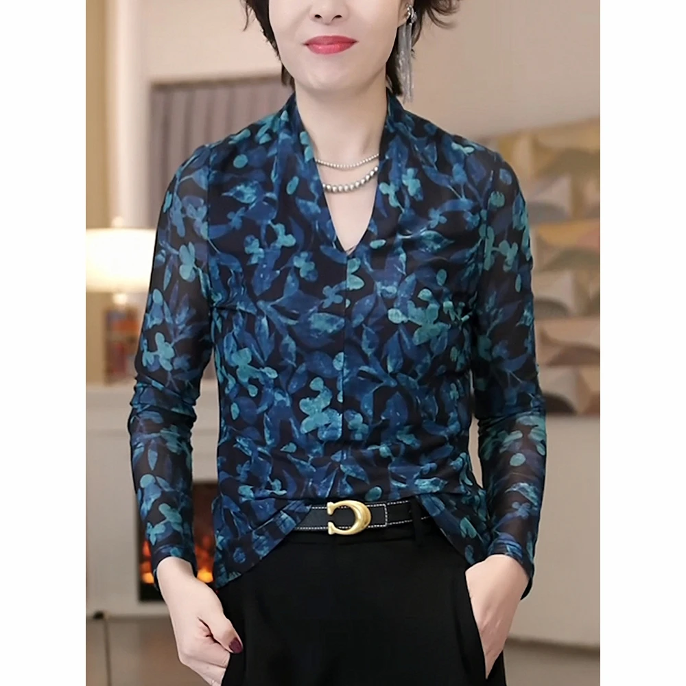 长袖V领网纱t恤女2025秋季新款高级感修身显瘦洋气内搭打底衫上衣