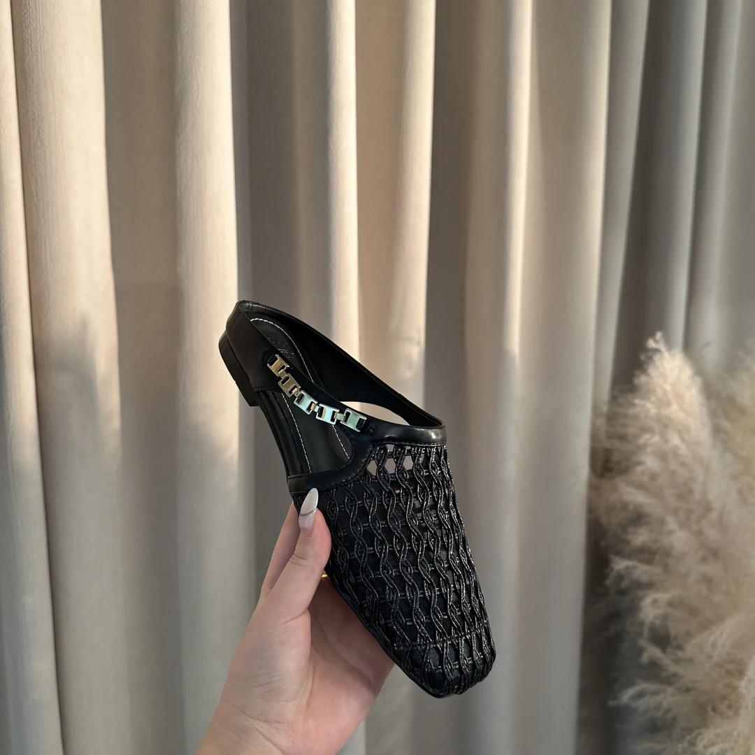 春夏款编织网面金属装饰方头粗跟半拖时尚百搭气质软底软面女鞋