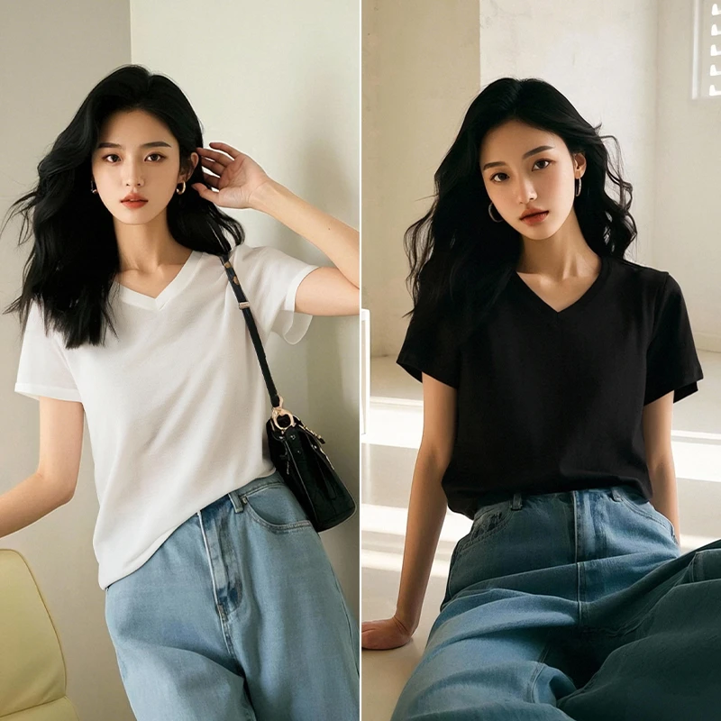晚白2025夏款时尚简约含棉短袖气质纯色棉质宽松V领T恤女24121808