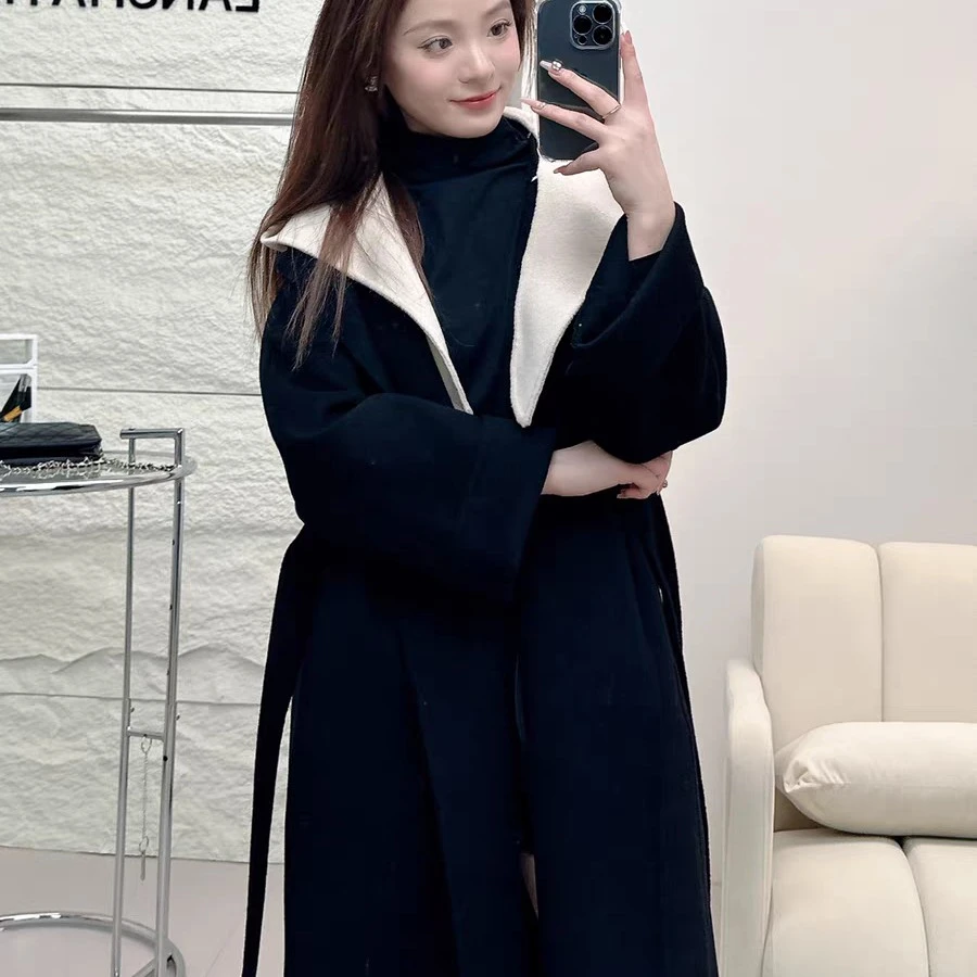韩系简约风格双面连帽宽松气质羊毛大衣
