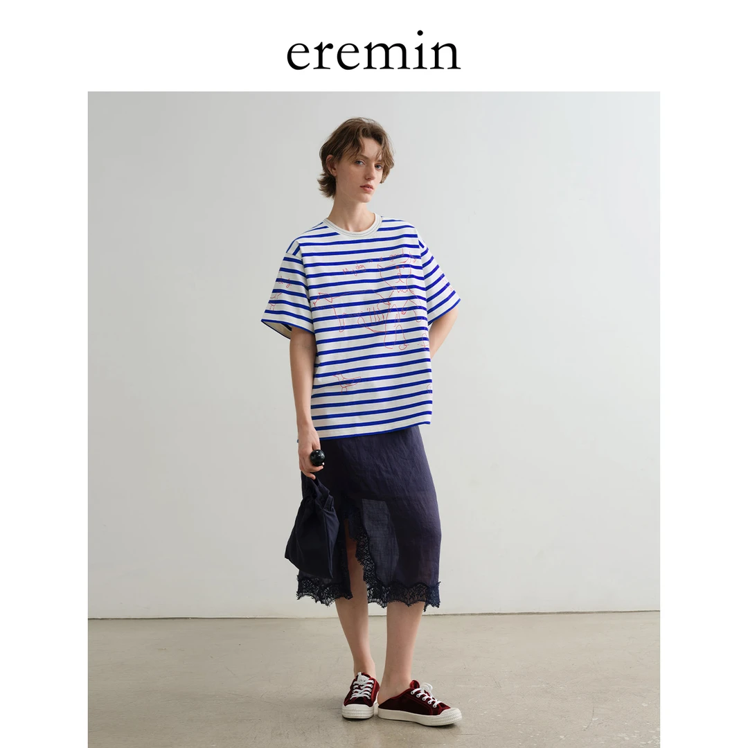 DE Mincollection苎麻蕾丝裙/法式侧开叉精致蕾丝拼接半身裙55437