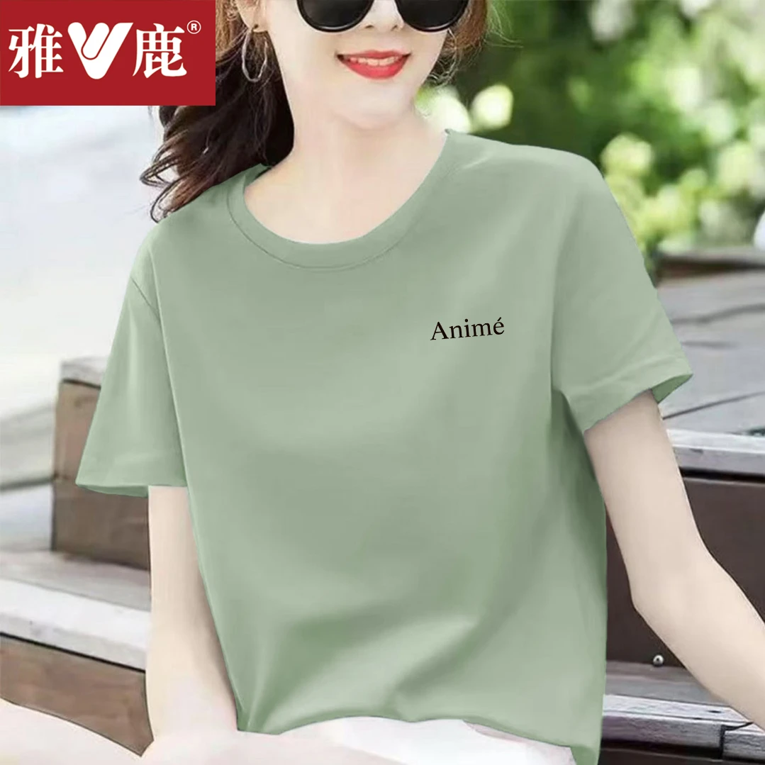 雅鹿休闲短袖T恤女夏装新款印花百搭潮流大码圆领上衣女ins潮