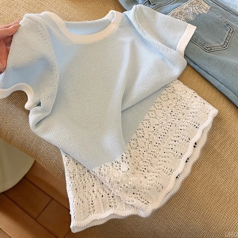 小个子小众甜美温柔风设计感法式撞色拼接洋气外穿针织t恤上衣女