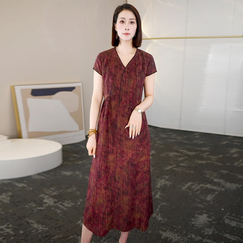 2025夏季时尚浪漫大牌杭州真丝香云纱连衣裙气质妈妈桑蚕丝裙子