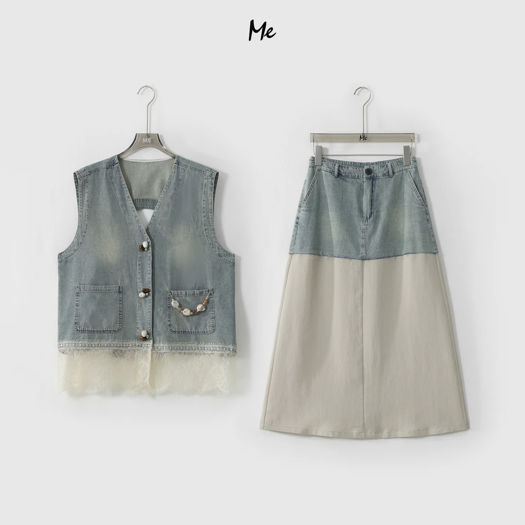 ME【冰牛花蕾套装】拼接时尚百搭宽松休闲重工水洗牛仔套装MESS5418